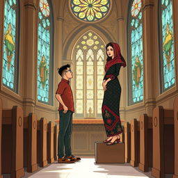 An illustration capturing the theme of gender inequality, depicted through a Javanese short man and a Papuan tall woman in a church setting