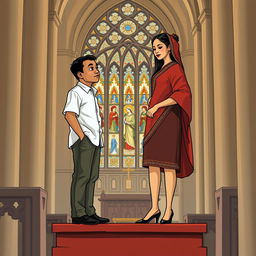 An illustration capturing the theme of gender inequality, depicted through a Javanese short man and a Papuan tall woman in a church setting