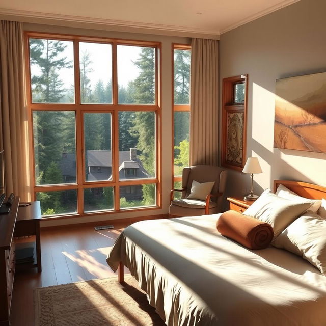 A cozy, inviting bedroom with large windows overlooking a lush forest