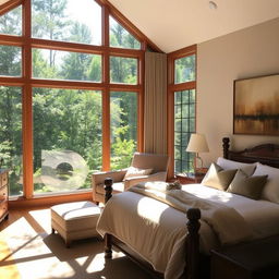 A cozy, inviting bedroom with large windows overlooking a lush forest