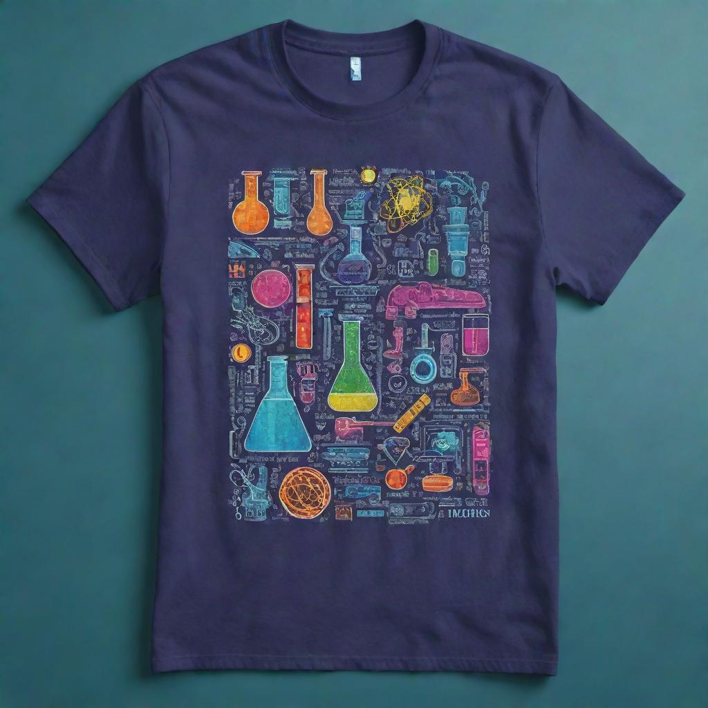 Design a school t-shirt focused on representing the fields of Science, Technology, Engineering, and Mathematics (STEM). Incorporate symbolic elements, dynamic graphics and inspiring quotes related to these disciplines in a vibrant and engaging color scheme.