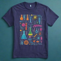 Design a school t-shirt focused on representing the fields of Science, Technology, Engineering, and Mathematics (STEM). Incorporate symbolic elements, dynamic graphics and inspiring quotes related to these disciplines in a vibrant and engaging color scheme.