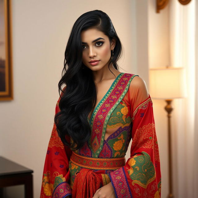 A sensual and artistic portrayal of a person with long dark hair, wearing vibrant, multicolored traditional clothing with intricate patterns