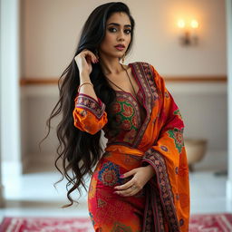 A sensual and artistic portrayal of a person with long dark hair, wearing vibrant, multicolored traditional clothing with intricate patterns