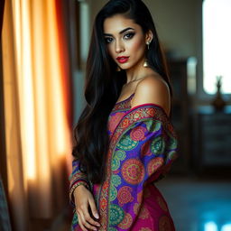 A sensual and artistic portrayal of a person with long dark hair, wearing vibrant, multicolored traditional clothing with intricate patterns