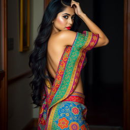 A sensual and artistic portrayal of a person with long dark hair, wearing vibrant, multicolored traditional clothing with intricate patterns