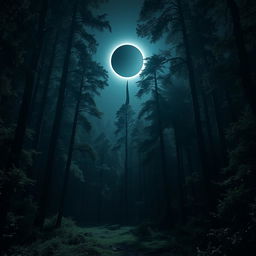 A mystical forest under the dark ambiance of a solar eclipse