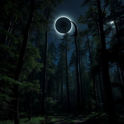 A mystical forest under the dark ambiance of a solar eclipse