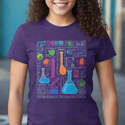 Design a school t-shirt focused on representing the fields of Science, Technology, Engineering, and Mathematics (STEM). Incorporate symbolic elements, dynamic graphics and inspiring quotes related to these disciplines in a vibrant and engaging color scheme.