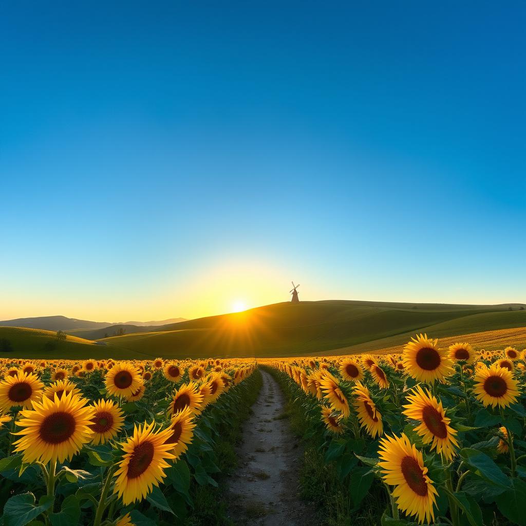 A serene landscape featuring rolling hills under a clear blue sky