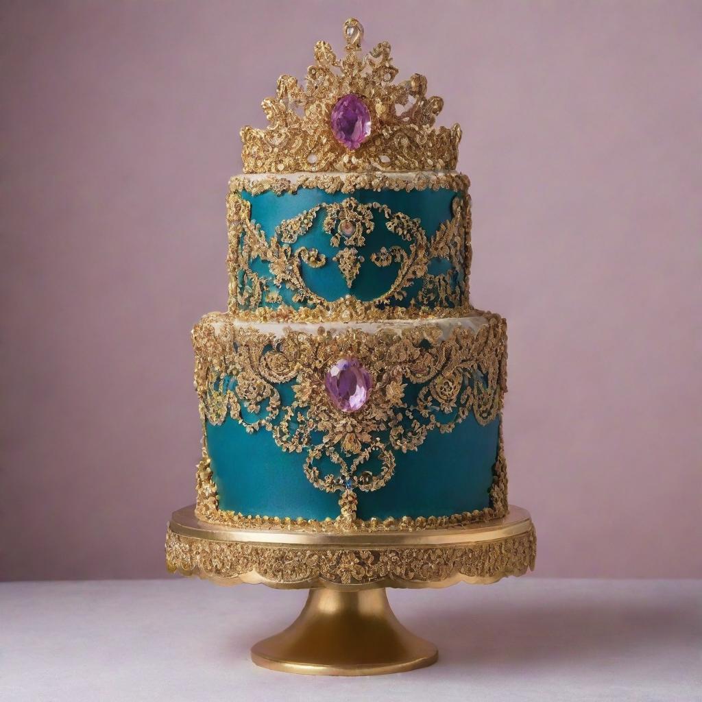 An ornate and exquisite cake, adorned with gold accents, radiant edible gemstones, and intricate icing designs, that exudes an aura of priceless value.