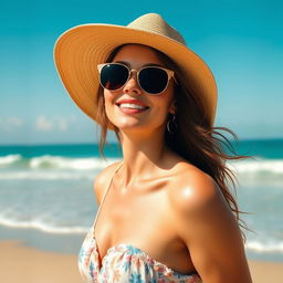 A woman on the beach enjoying the sunshine, with a carefree and confident demeanor, perhaps wearing a sunhat and sunglasses, surrounded by blue skies, gentle waves, and soft sand