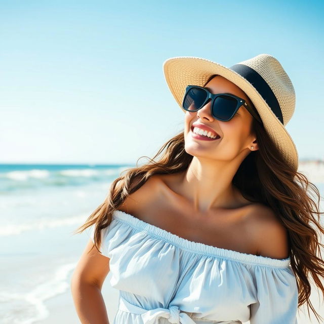 A woman on the beach enjoying the sunshine, with a carefree and confident demeanor, perhaps wearing a sunhat and sunglasses, surrounded by blue skies, gentle waves, and soft sand