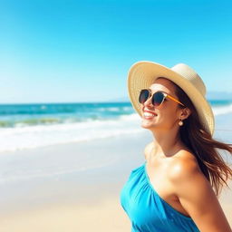 A woman on the beach enjoying the sunshine, with a carefree and confident demeanor, perhaps wearing a sunhat and sunglasses, surrounded by blue skies, gentle waves, and soft sand