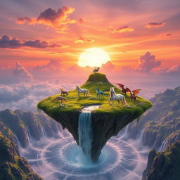 a surreal landscape featuring a floating island with a waterfall cascading into a swirling vortex below