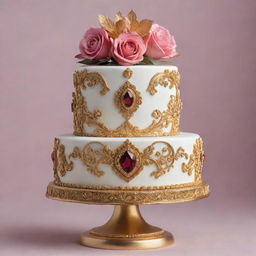 An ornate and exquisite cake, adorned with gold accents, radiant edible gemstones, and intricate icing designs, that exudes an aura of priceless value.