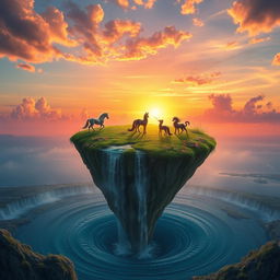 a surreal landscape featuring a floating island with a waterfall cascading into a swirling vortex below