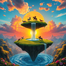 a surreal landscape featuring a floating island with a waterfall cascading into a swirling vortex below