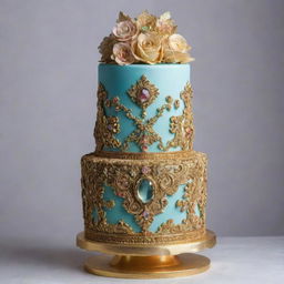 An ornate and exquisite cake, adorned with gold accents, radiant edible gemstones, and intricate icing designs, that exudes an aura of priceless value.