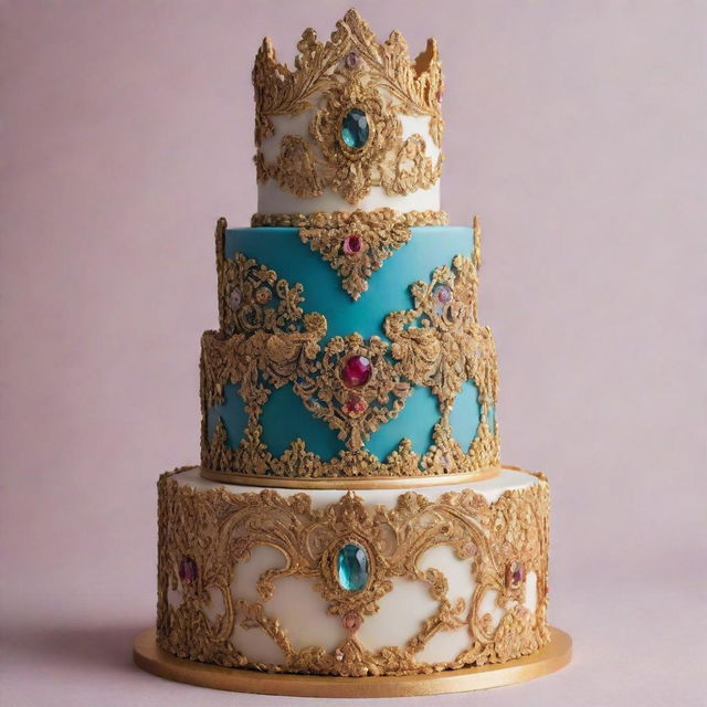 An ornate and exquisite cake, adorned with gold accents, radiant edible gemstones, and intricate icing designs, that exudes an aura of priceless value.