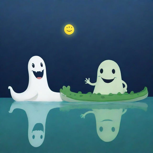 A adorable, friendly ghost floating beside a large, smiley crocodile in a positive and whimsical atmosphere.