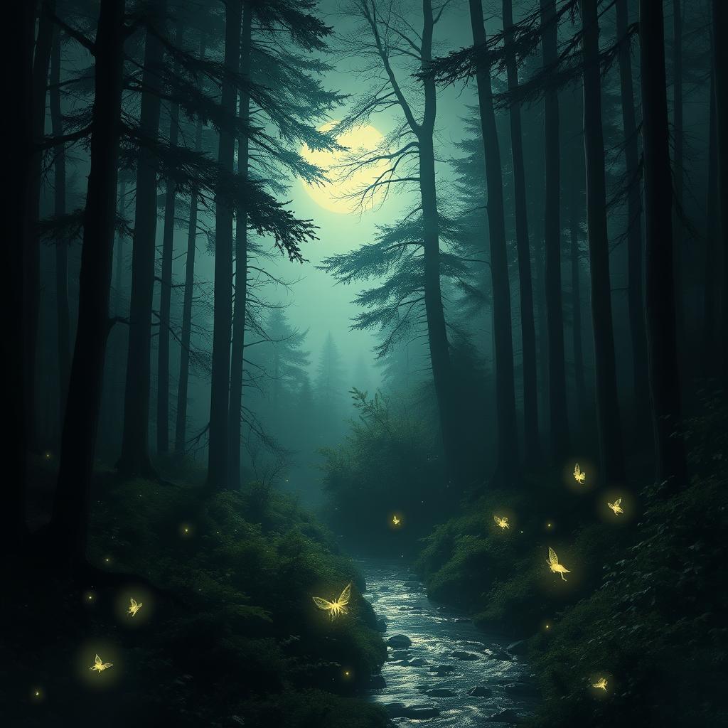 A mysterious and enchanting forest scene illuminated by gentle moonlight