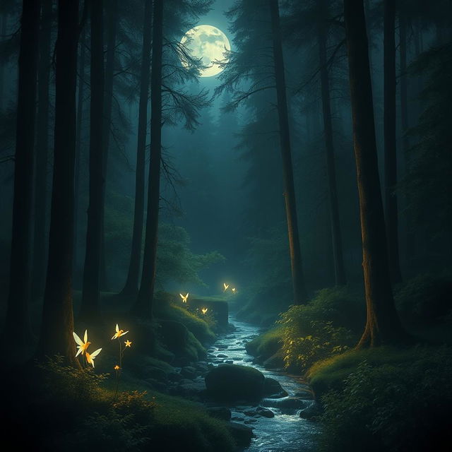 A mysterious and enchanting forest scene illuminated by gentle moonlight