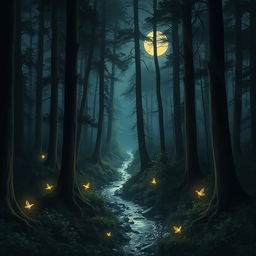 A mysterious and enchanting forest scene illuminated by gentle moonlight