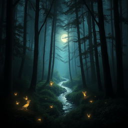 A mysterious and enchanting forest scene illuminated by gentle moonlight