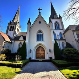 an exterior view of a traditional church building, showcasing its beautiful architecture