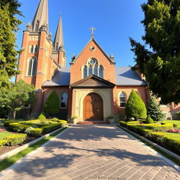 an exterior view of a traditional church building, showcasing its beautiful architecture