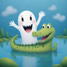 A adorable, friendly ghost floating beside a large, smiley crocodile in a positive and whimsical atmosphere.