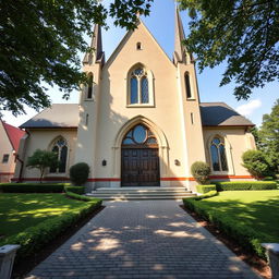 an exterior view of a traditional church building, showcasing its beautiful architecture