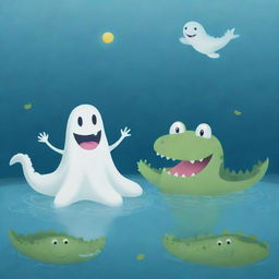 A adorable, friendly ghost floating beside a large, smiley crocodile in a positive and whimsical atmosphere.