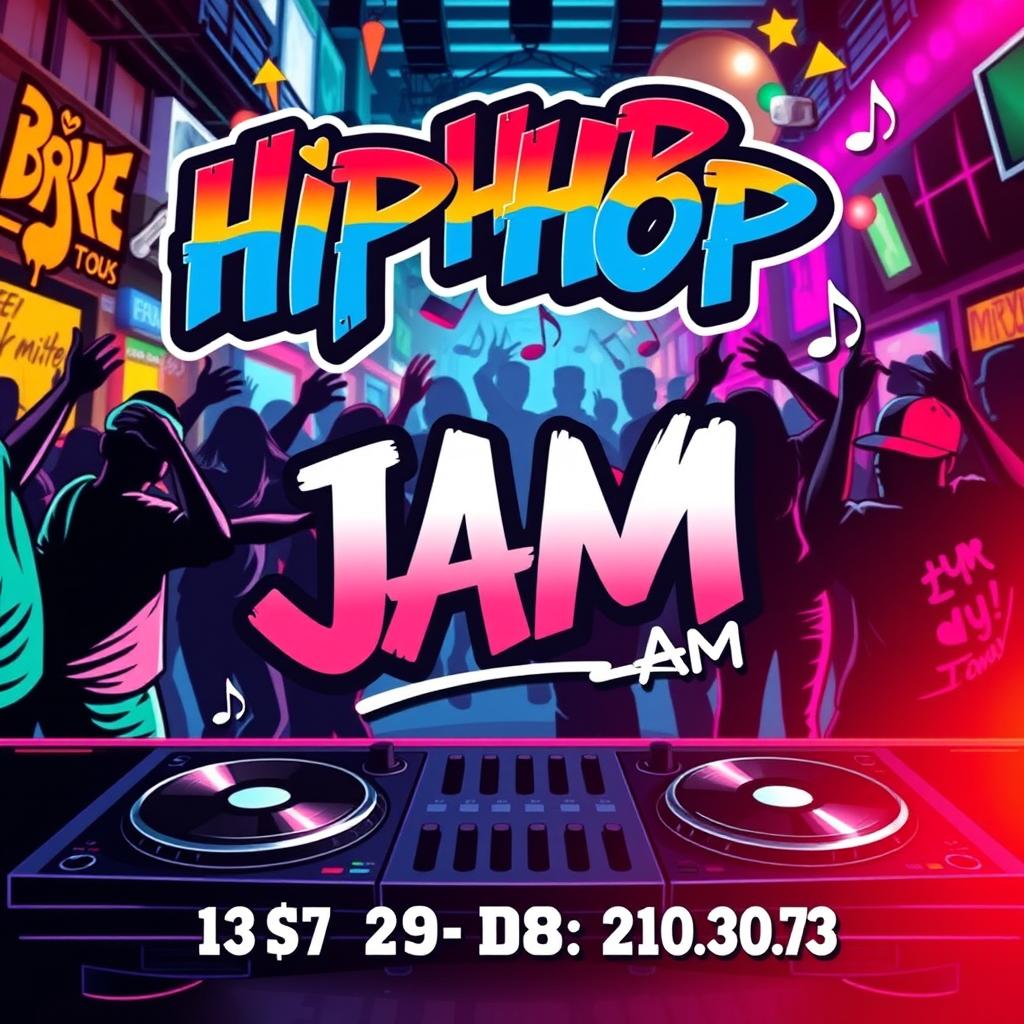 A vibrant and energetic poster for a hip-hop jam event, featuring bold and colorful graffiti elements, dynamic typography, musical notes, DJ turntables, and people dancing in hip-hop style