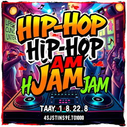 A vibrant and energetic poster for a hip-hop jam event, featuring bold and colorful graffiti elements, dynamic typography, musical notes, DJ turntables, and people dancing in hip-hop style