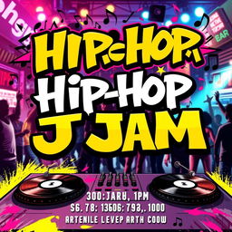 A vibrant and energetic poster for a hip-hop jam event, featuring bold and colorful graffiti elements, dynamic typography, musical notes, DJ turntables, and people dancing in hip-hop style