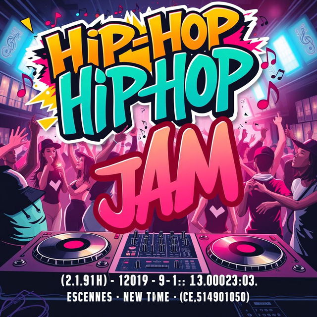 A vibrant and energetic poster for a hip-hop jam event, featuring bold and colorful graffiti elements, dynamic typography, musical notes, DJ turntables, and people dancing in hip-hop style