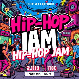 A vibrant and energetic poster for a hip-hop jam event with a retro twist, featuring bold and colorful graffiti elements, dynamic typography, retro cassette tapes, vinyl records, and people dancing in hip-hop style