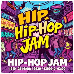 A vibrant and energetic poster for a hip-hop jam event with a retro twist, featuring bold and colorful graffiti elements, dynamic typography, retro cassette tapes, vinyl records, and people dancing in hip-hop style