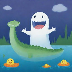 A adorable, friendly ghost floating beside a large, smiley crocodile in a positive and whimsical atmosphere.