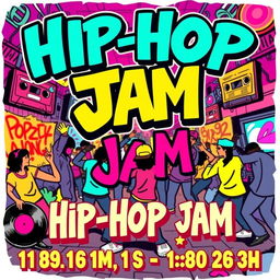 A vibrant and energetic poster for a hip-hop jam event with a retro twist, featuring bold and colorful graffiti elements, dynamic typography, retro cassette tapes, vinyl records, and people dancing in hip-hop style