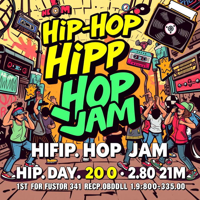 A vibrant and energetic poster for a hip-hop jam event with a retro twist, featuring bold and colorful graffiti elements, dynamic typography, retro cassette tapes, vinyl records, and people dancing in hip-hop style