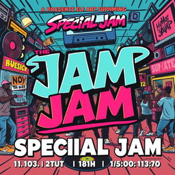 A vibrant and energetic retro-style poster for a hip-hop jam event titled 'Special Jam'