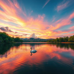 A serene landscape featuring a tranquil lake reflecting the vibrant colors of a sunset