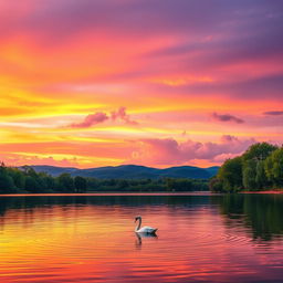 A serene landscape featuring a tranquil lake reflecting the vibrant colors of a sunset