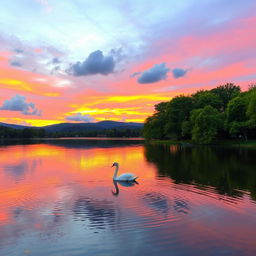 A serene landscape featuring a tranquil lake reflecting the vibrant colors of a sunset