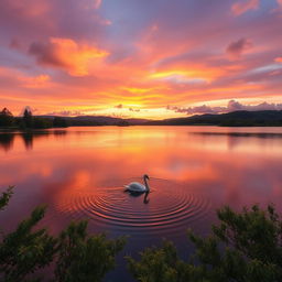 A serene landscape featuring a tranquil lake reflecting the vibrant colors of a sunset