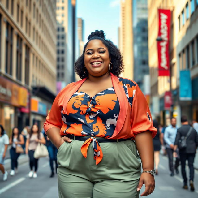 A confident and joyful plus-size woman standing in a vibrant city street