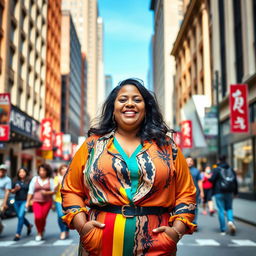 A confident and joyful plus-size woman standing in a vibrant city street